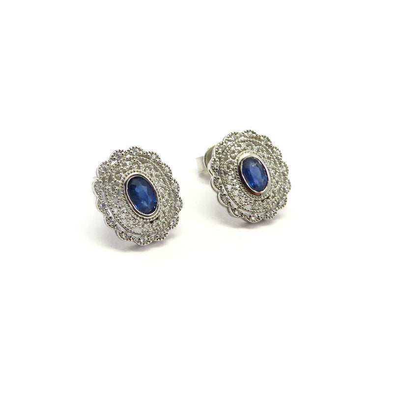 Filigree Oval Sapphire Earrings Sterling Silver