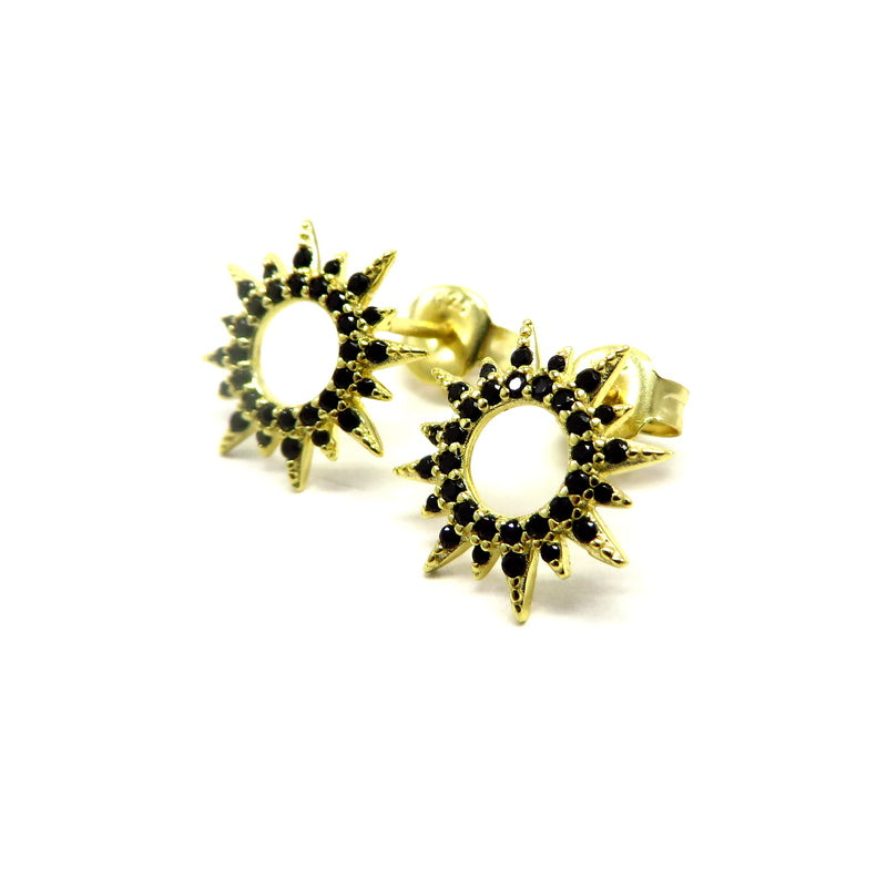 Hollow Star Black Cubic Zirconia Earrings Gold Plated Sterling Silver