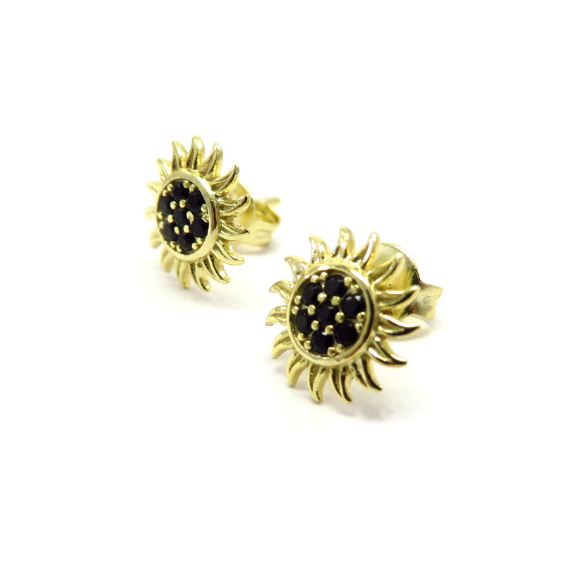 Sunflower Black Cubic Zirconia Stud Earrings Gold Plated Sterling Silver