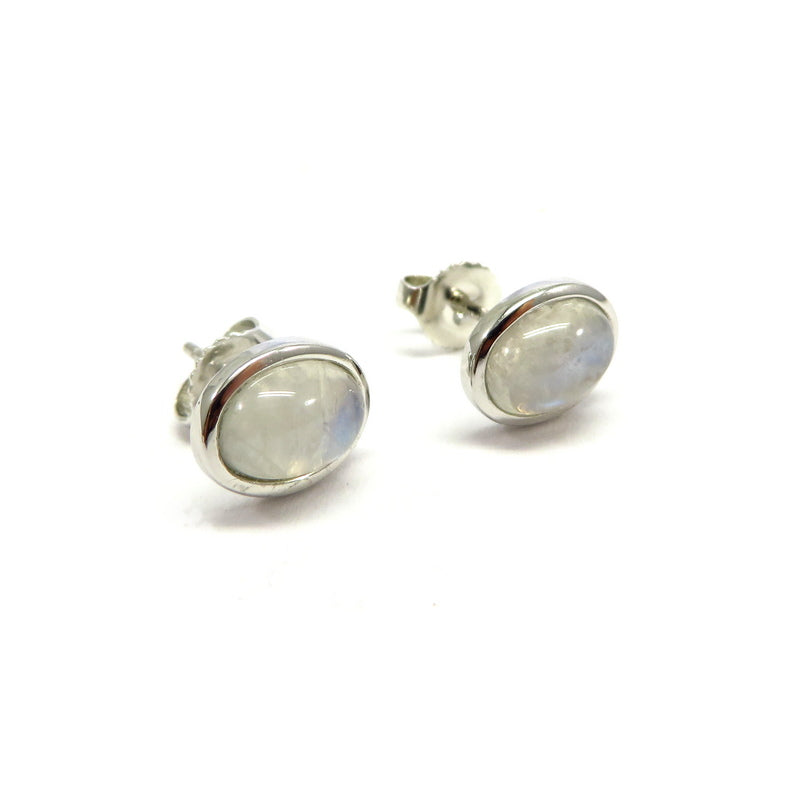Oval Rainbow Moonstone Stud Earrings Sterling Silver