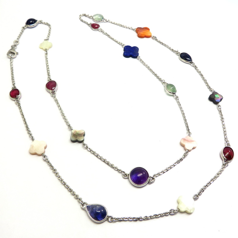 Assorted Gemstones and Mother-of-Pearl Silver Chain Necklace