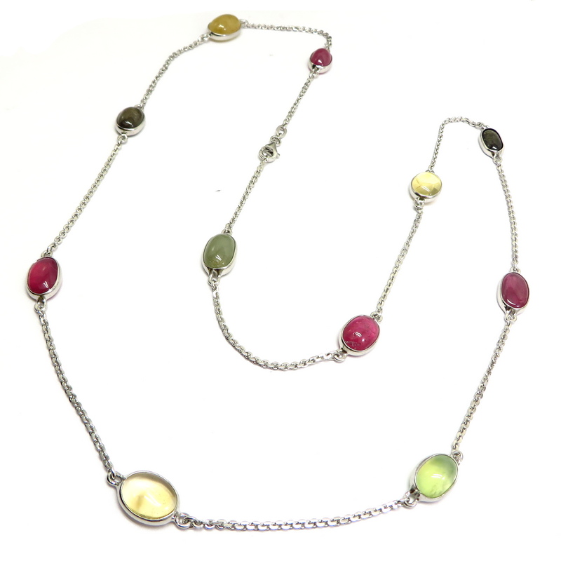 Ruby, Citrine, Blue Sapphire and Prehnite Silver Chain Necklace