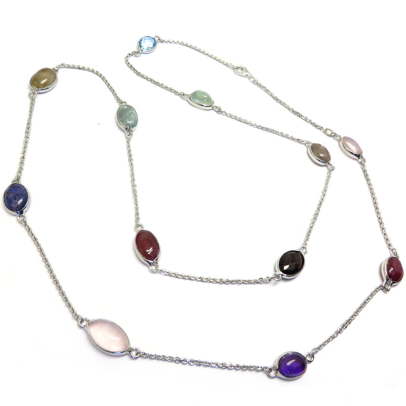 Assorted Gemstones Silver Chain Necklace