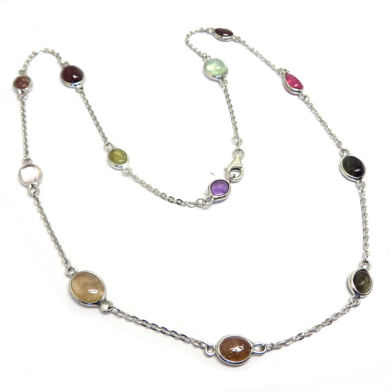 Amethyst, Sapphire, Ruby and Prehnite Silver Chain Necklace