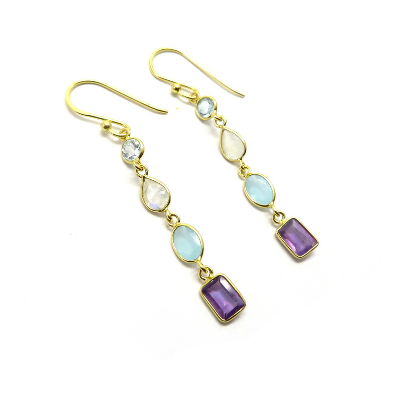 Blue Topaz, Moonstone, Aqua Chalcedony and Amethyst Gold Plated Silver Earrings