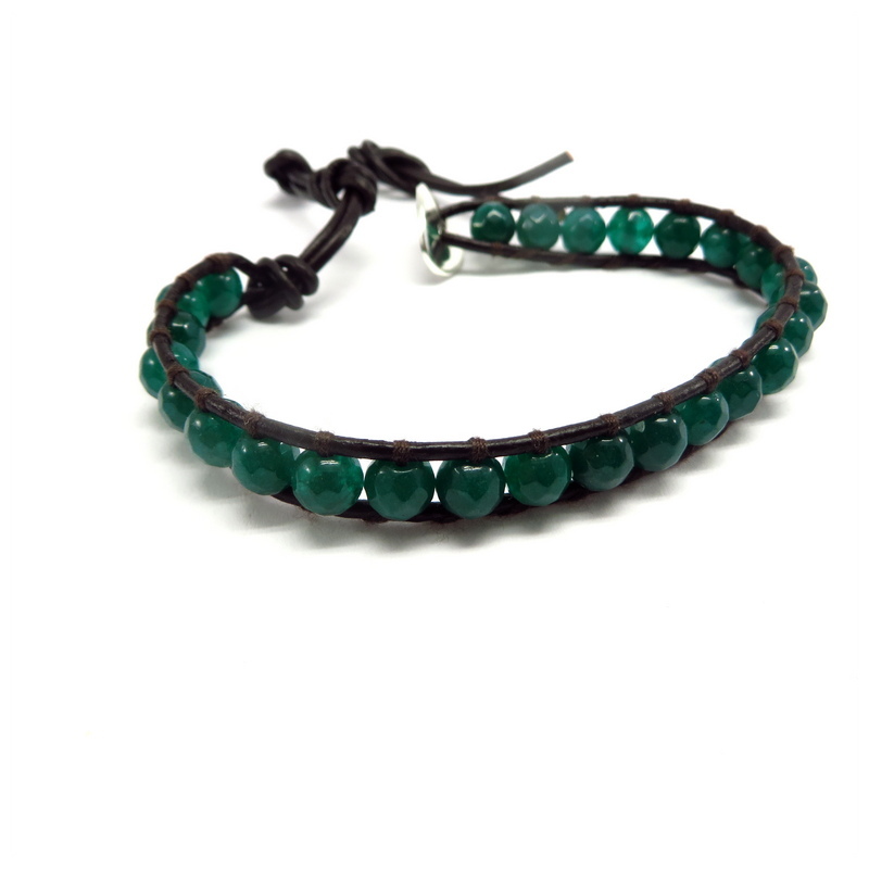 Green Agate Leather Wrap Bracelet