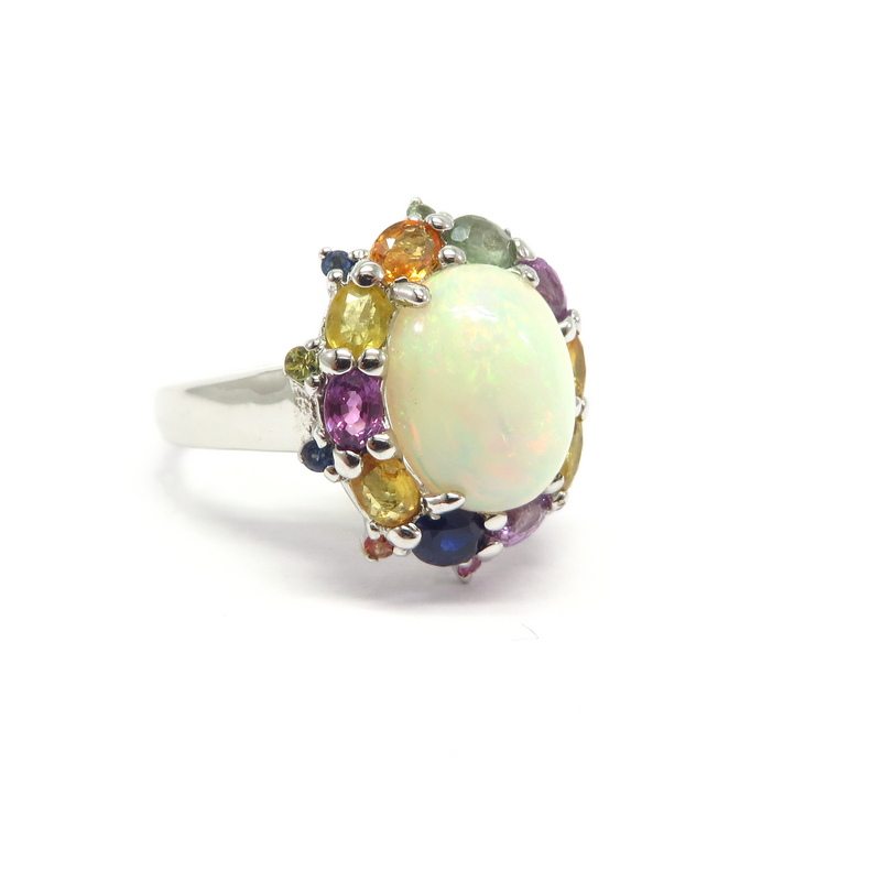Ethiopian Opal and Multi-Color Sapphires Ring Set in Sterling Silver