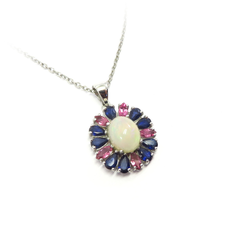 Ethiopian Opal and Sapphires Pendant Set in Sterling Silver