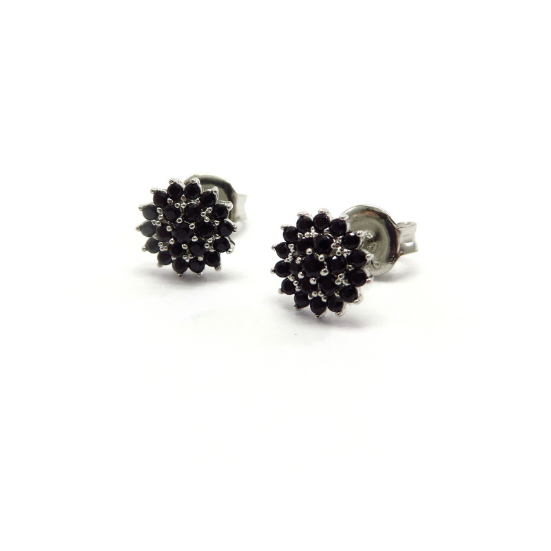 Silver Flower Stud Earrings with Black Cubic Zirconia
